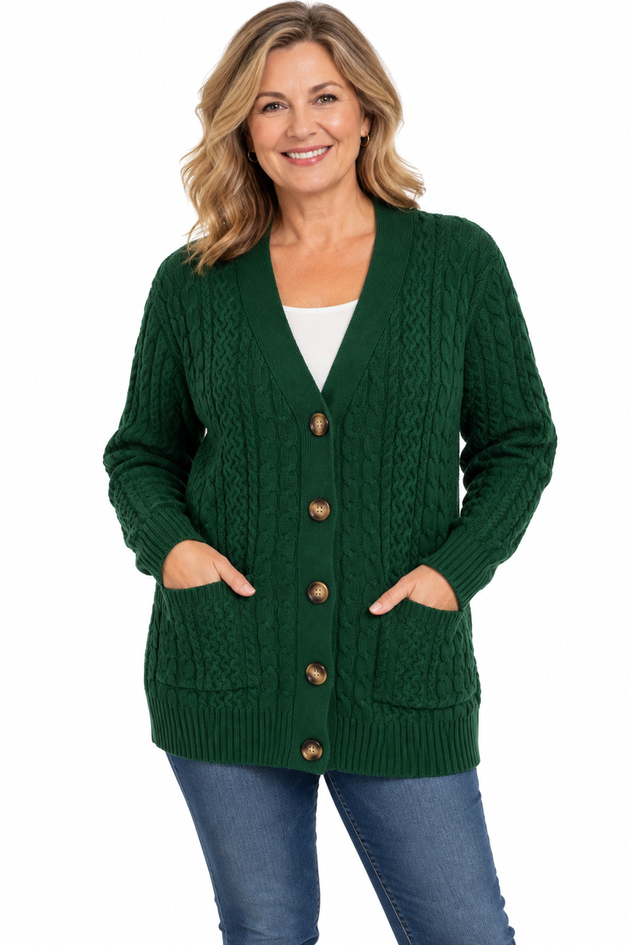 Buyiren Womens Cable Knit Fisherman Cardigan Sweater Size L Pockets Christmas
